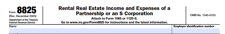 Form 8825 showing taxpayer name and EIN details in the basic information section