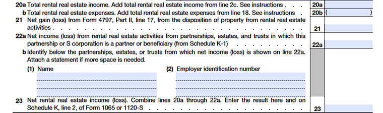 Form 8825 showing final summary lines for rental real estate