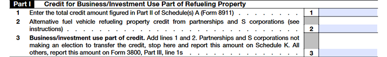 Form 8911, Part I - Credit for Business/Investment Use Part of Refueling Property Line 1 - Line 3