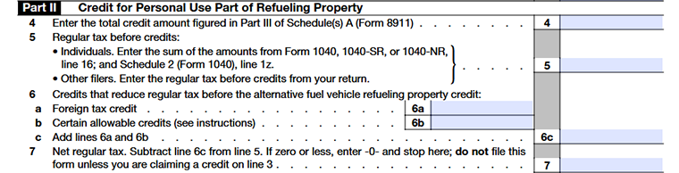 Form 8911, Part II - Credit for Personal Use Part of Refueling Property Line 4 - Line 7