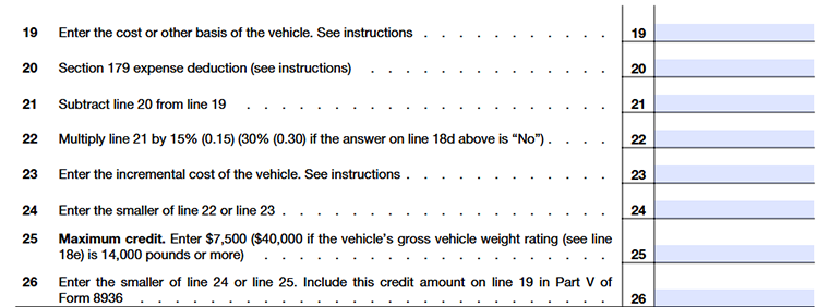Schedule A (Form 8936) Part V - Credit Amount for Qualified Commercial Clean Vehicle  Line 19 to Line 26