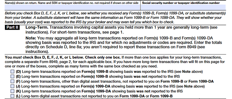 Form 8949  long‑term section showing Part II header for capital asset transactions held over one year, with selectable checkboxes D, E, F, J, K, and L for 1099‑B reporting.
