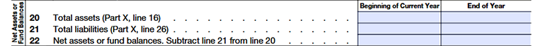 Form 990 Part I, Lines 20–22 showing net assets or fund balances 