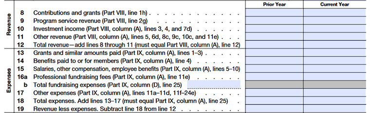 Form 990 Part I, Lines 8–19 showing revenue and expense details