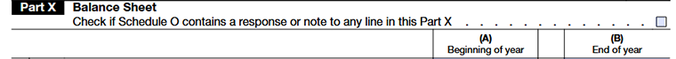 Form 990 Part X Columns A–B beginning & end-of-year balance sheet