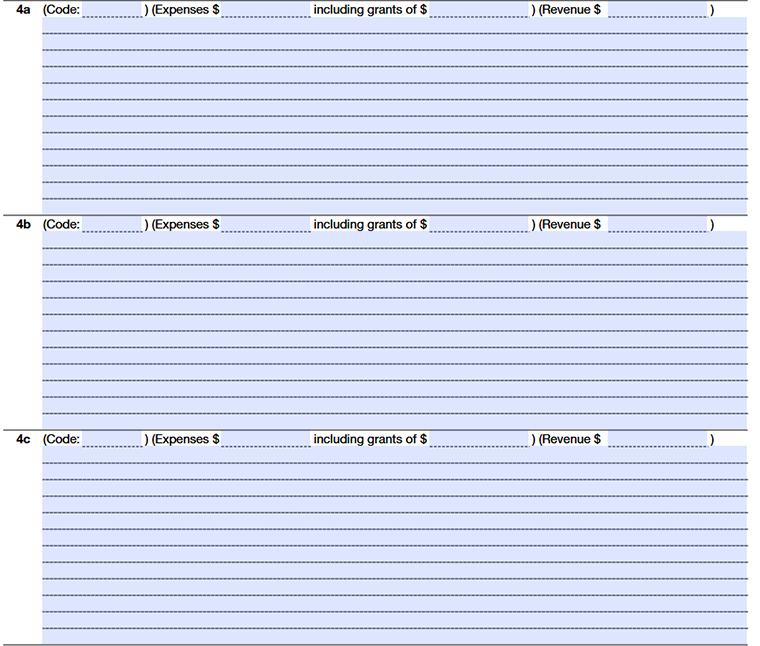 Form 990 Part III, Lines 4a–4c showing program codes, expenses including grants, & related revenue