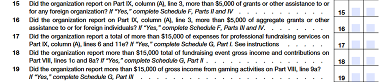 Form 990 Part IV Lines 15–19 foreign assistance & fundraising disclosures