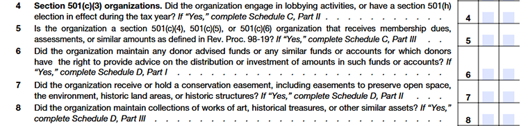  Form 990 Part IV Lines 4–8 special activity and asset disclosure questions