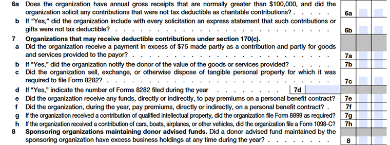 Form 990 Part V Lines 6a–8 fundraising and donor advised fund reporting