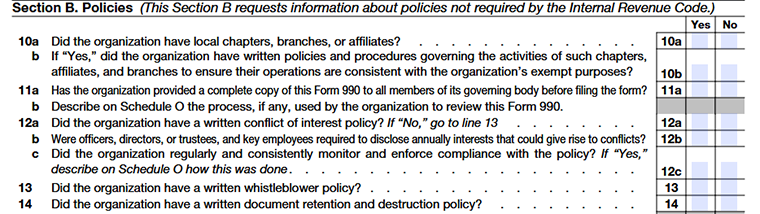 Form 990 Part VI Lines 10–14 governance and compliance policies