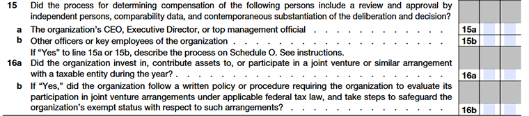 Form 990 Part VI Lines 15–16 compensation review and joint venture policies