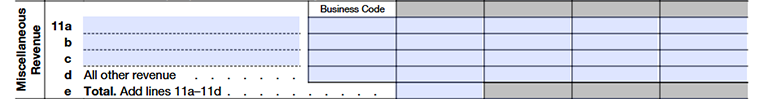 Form 990 Part VIII, Lines 11a–11e showing miscellaneous revenue