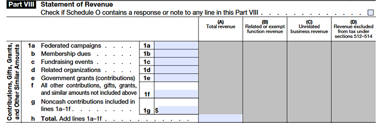 Form 990 Part VIII, Lines 1a–1h showing contributions, gifts, grants, and other similar amounts