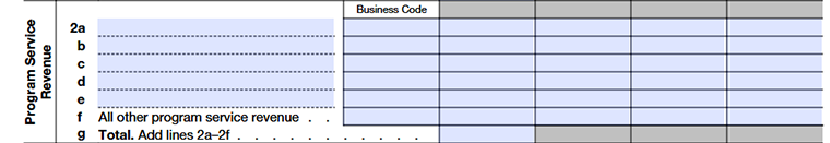 Form 990 Part VIII, Lines 2a–2g showing program service revenue