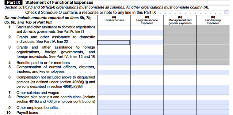 Form 990 Part IX Lines 1–10 grants, compensation & employee expenses