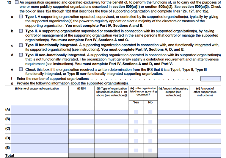 Form 990 Schedule A Part I, line 12, indicating the organization qualifies as a publicly supported organization under section 509(a)(2).