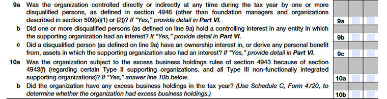 Form 990 Schedule A Part IV. Supporting Organizations Section A. All Supporting Organizations line 9a to line 10b