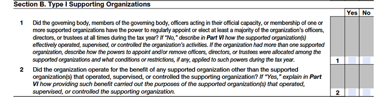 Form 990 Schedule A, Section B, lines 1 and 2, identifying Type I supporting organizations and related qualification details.