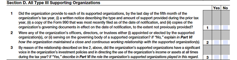 Form 990 Schedule A, Section D, lines 1–3, detailing requirements and status for all Type III supporting organizations.