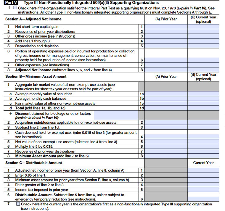 Form 990 Schedule A Part V Type III Non-Functionally Integrated 509(a)(3) Supporting Organizations