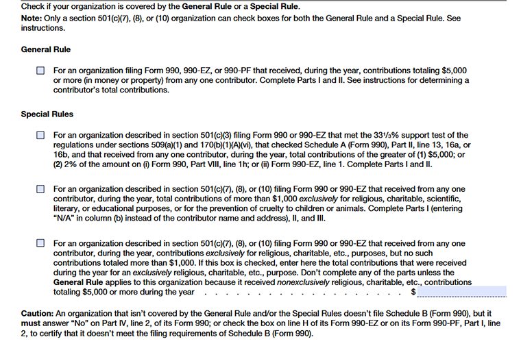 Form 990 Schedule B listing contributors under the general rule or special rule for reporting by the organization.