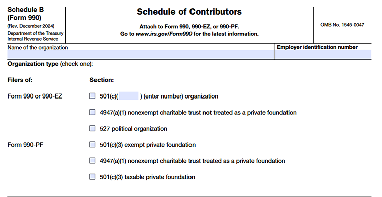 Form 990 Schedule B showing organization type information