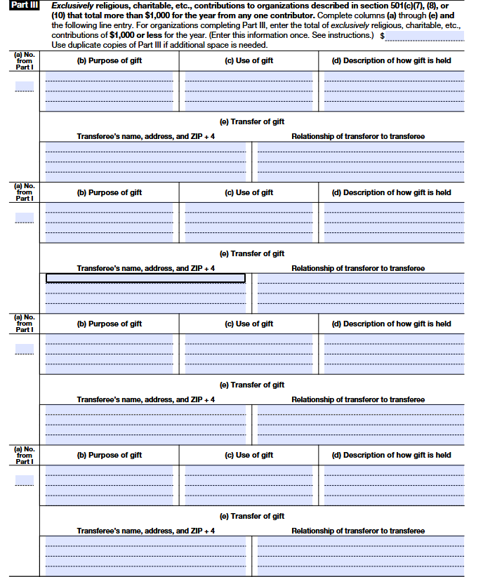 IRS Form 990 Schedule B Part III exclusively religious and charitable contributions to section 501(c)(7) and 501(c)(8) organizations 