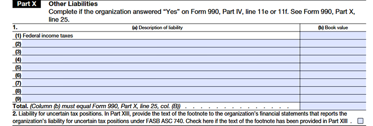 Form 990 Schedule D Part X lines 1–2 reporting other liabilities held by the organization