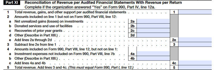 Form 990 Schedule D Part XI showing how revenue from audited financial statements matches or differs from revenue on the tax return