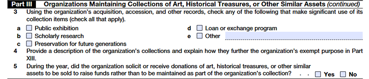 Form 990 Schedule D Part III - Organizations Maintaining Collections of Art, Historical Treasures, or Other Similar Assets Line 3 to Line 5