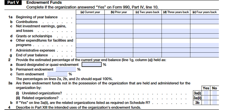 Form 990 Schedule D Part V lines 1–4 reporting endowment funds