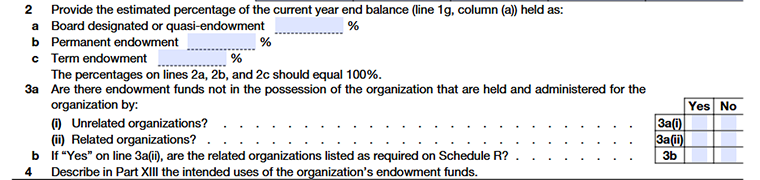 Form 990 Schedule D, Part V, lines 2–4, reporting changes, balances, and details related to the organization’s endowment funds.