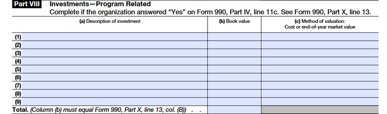 Form 990 Schedule D Part VIII program-related investments