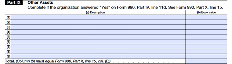 Form 990 Schedule D Part IX Other Assets