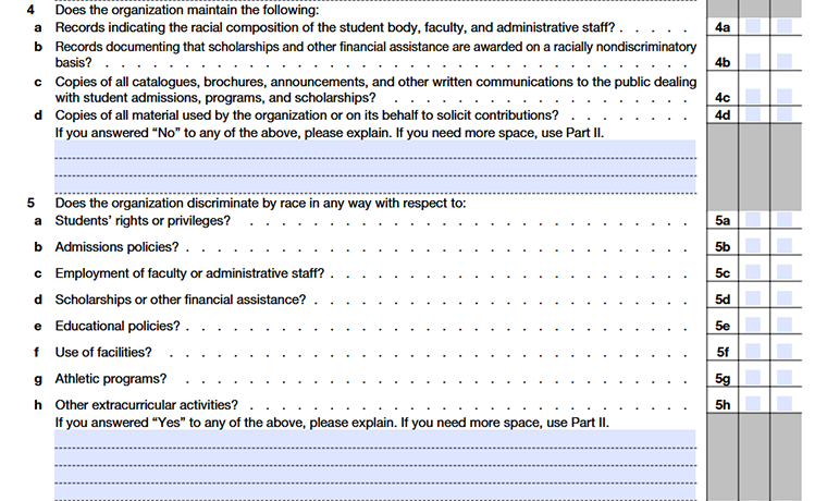 Form 990 Schedule E, Part I, questions 4–5 on required records and racial nondiscrimination in admissions, staffing, scholarships, and programs.