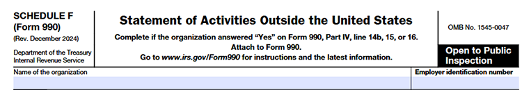 Form 990 Schedule F showing organization details and basic information