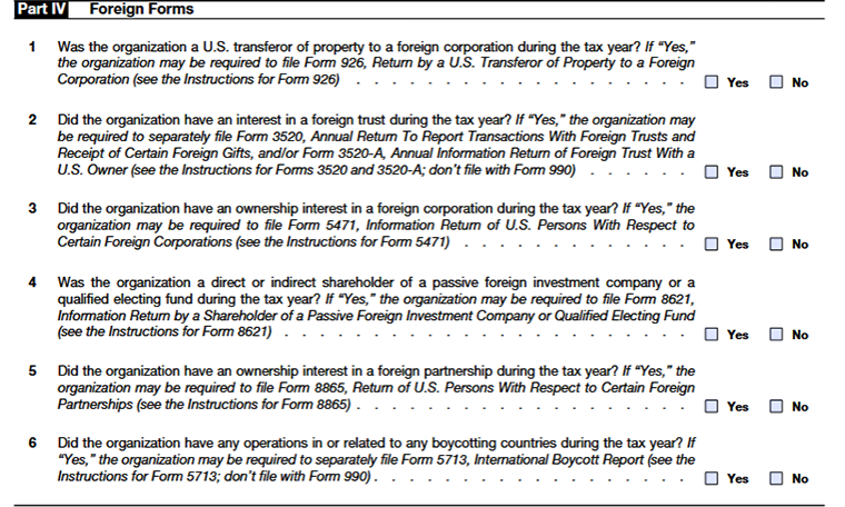 Form 990 Schedule F Part IV lines 1- 6 foreign filing details