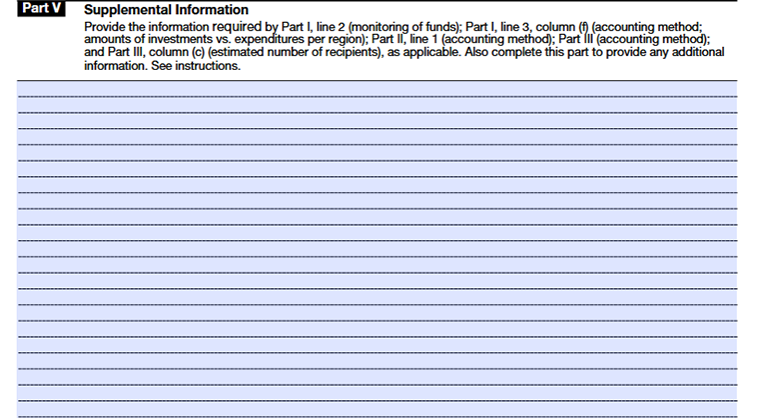 Form 990 Schedule F Part V – Supplemental information section