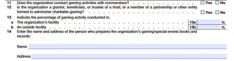  Form 990 Schedule G, Part III, reporting gaming activities with over $15,000 in revenue and related income and expenses. Line 11 to line 14.