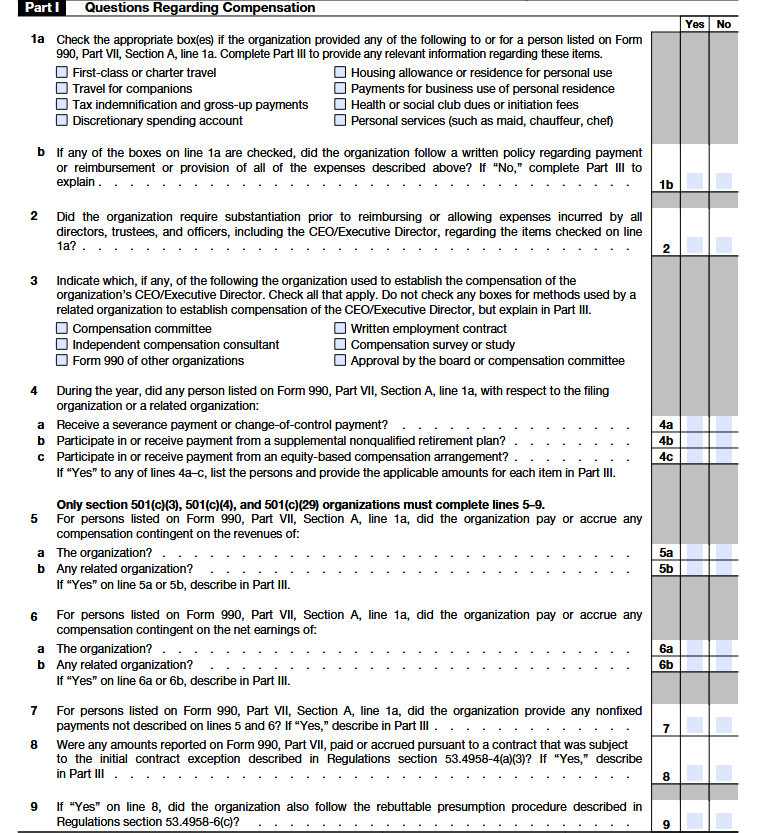 Form 990 Schedule J – Part I: Questions Regarding Compensation, Lines 1–9, detailing executive and key employee compensation information.