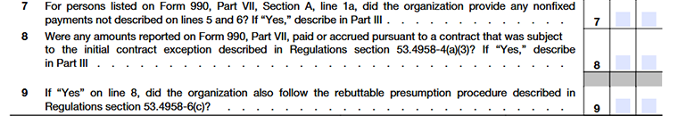 Form 990 Schedule J, Part I, lines 7-9, questions about compensation policies, approval process, and use of independent review.
