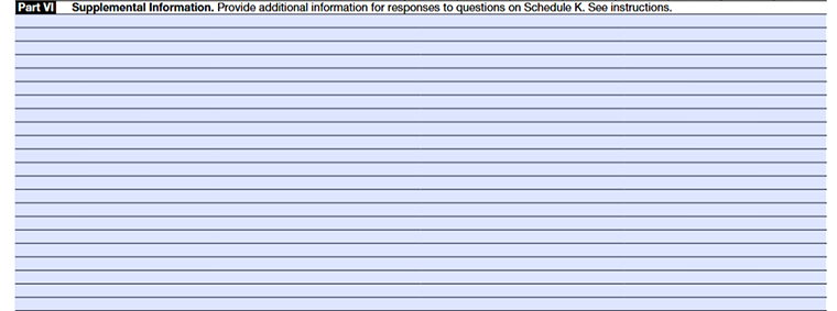 Form 990 Schedule K- Part VI Details of Supplemental Information