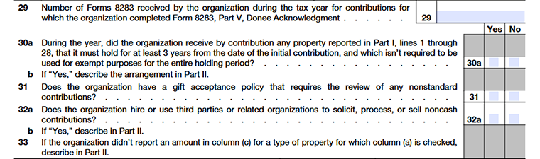 Form 990 Schedule M, Part I, listing and describing the types of property donated to the organization. Line29 - Line33