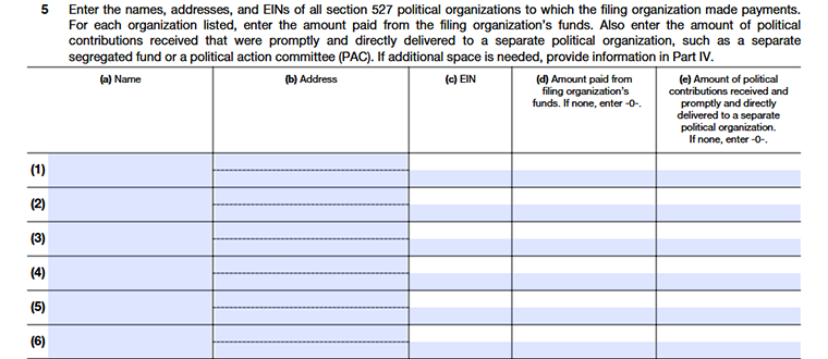Form 990 Schedule C Part C – Complete if the organization is exempt under section 501(c), except section 501(c)(3) Line 5