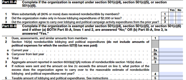 Form 990 Schedule C Part III showing information for 501(c)(4), 501(c)(5), or 501(c)(6) exempt organizations