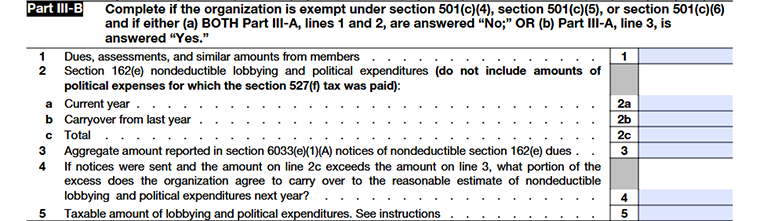 Form 990 Schedule C, Part III-B, completed by 501(c)(4), (c)(5), or (c)(6) organizations meeting specified Part III-A conditions.