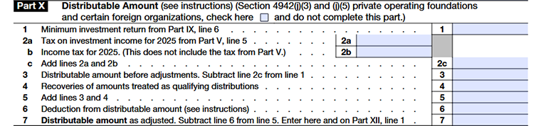 Form 990-PF Part X Lines 1–7 Distributable Amount