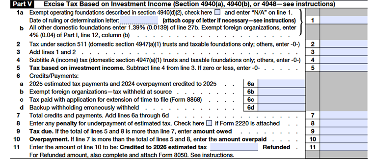 Form 990-PF Part V Lines 1–11 excise tax on investment income