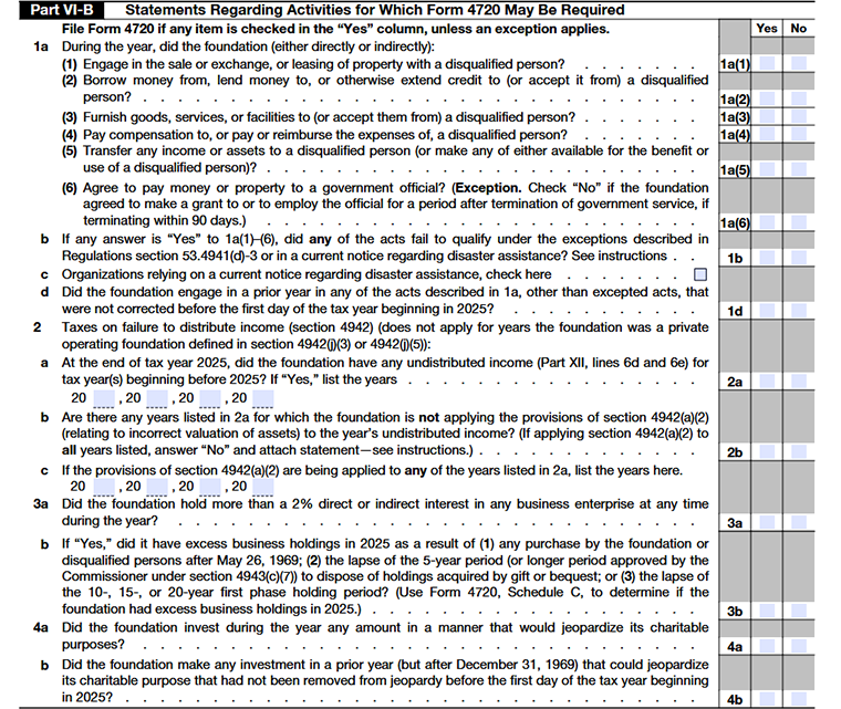 Form 990-PF Part VI-B Lines 1-4b: activities requiring Form 4720, including dealings with disqualified persons, excess business holdings, and risky investments.