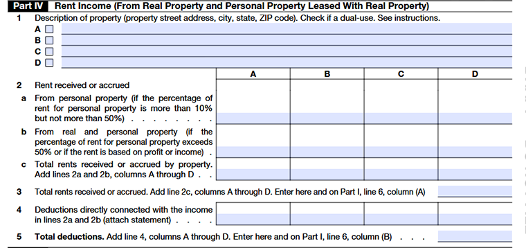 Part IV - Rent Income (From Real Property and Personal Property Leased With Real Property)